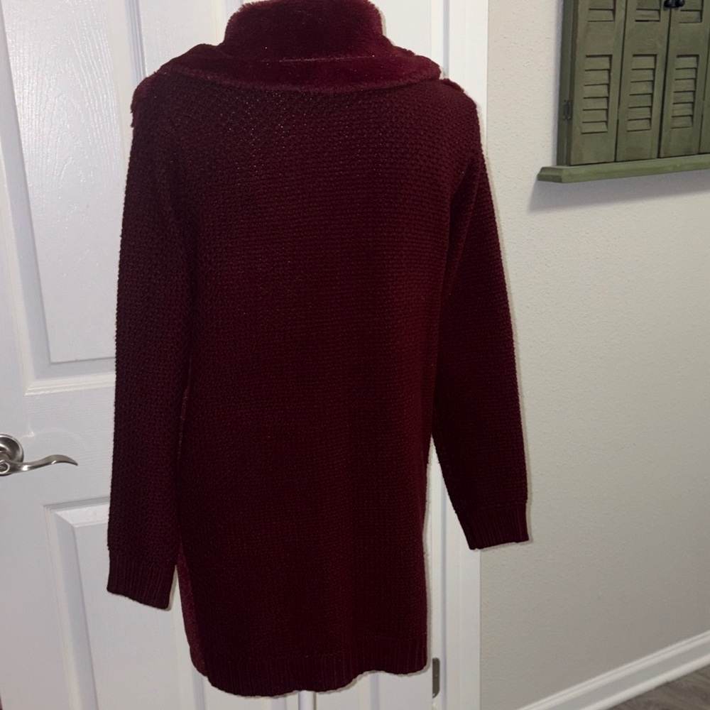Burgundy Faux Fur and Knit Sweater Coat - Picture 11 of 16
